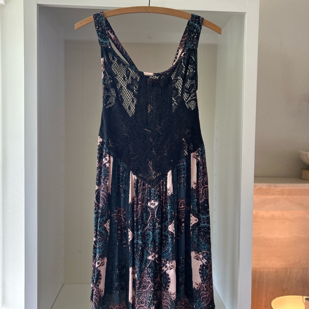 Free People Black and Pink Lace Mini Dress